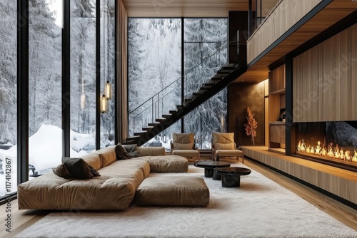 Modern living room interior overlooking snowy forest with burning fireplace
