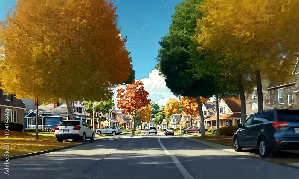 Vibrant autumn street scene with colorful trees. Vibrant autumn street scene with colorful trees.