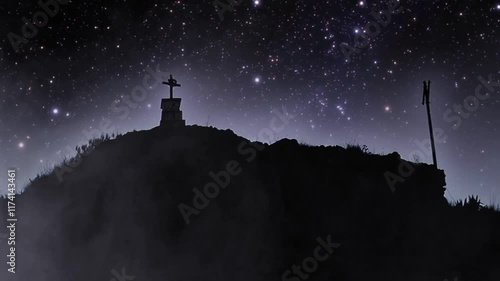 Wallpaper Mural Silhouette of a Hill with Cross and Altar Bathed in Gentle Mist Under a Starry Sky in Iruya, Argentina Torontodigital.ca