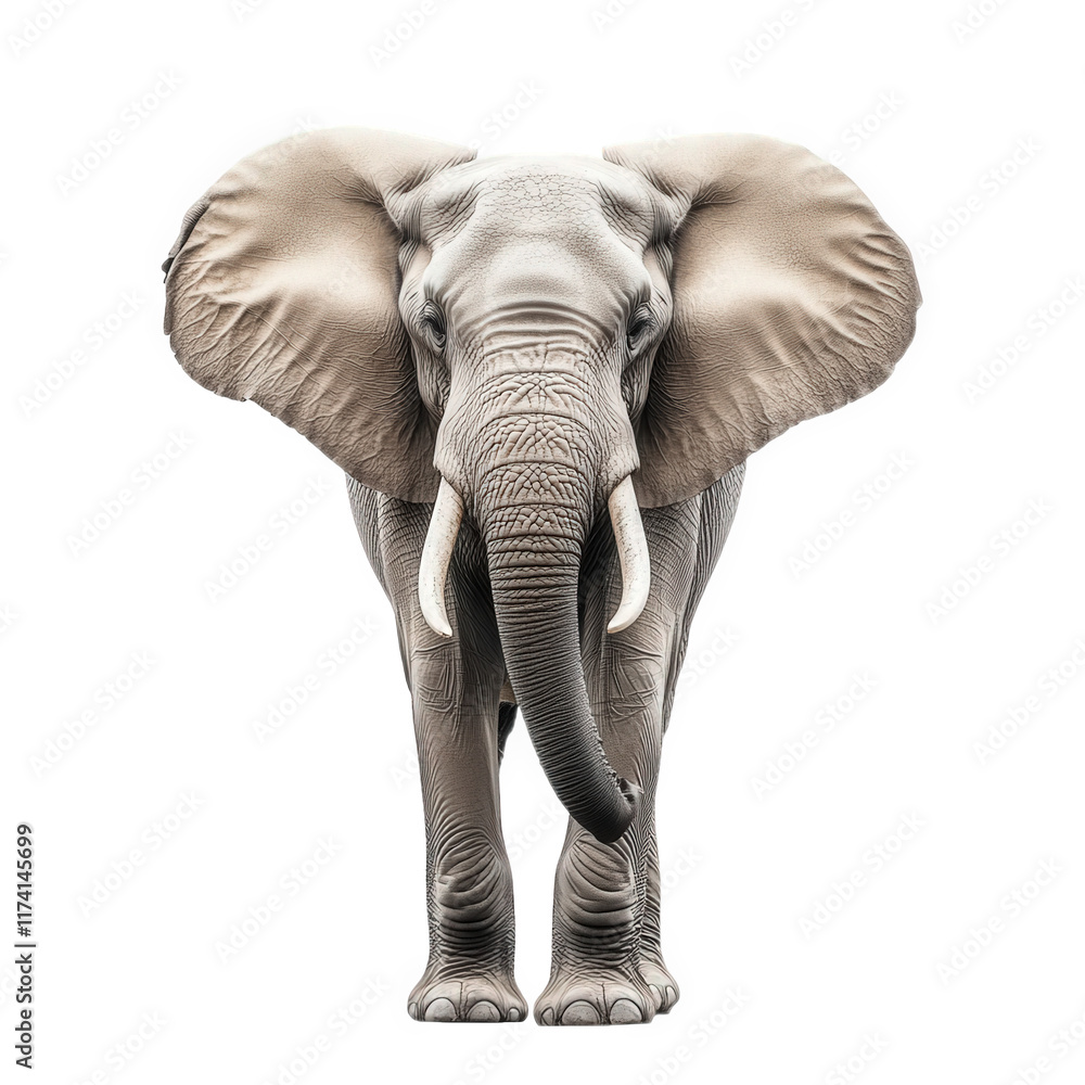 Obraz premium majestic elephant standing upright. showcasing its large ears and tusks against a plain white background. emphasizing the animal's grandeur and natural beauty the simplicity of the background highligh