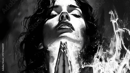 Dramatic black and white portrait womans face in deep prayer eyes lifted heavenward intense emotion high contrast lighting ethereal glow around her features. Ravenwood. Illustration photo