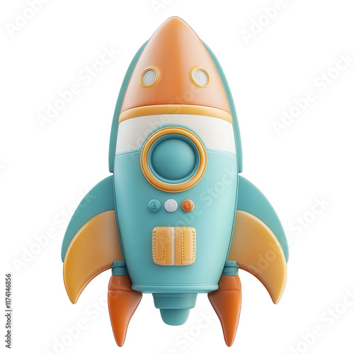 colorful. stylized rocket toy designed in a playful. cartoonish style it has a turquoise body with orange accents. large eyes. and a simple control panel. making it appealing for children the rocket s photo