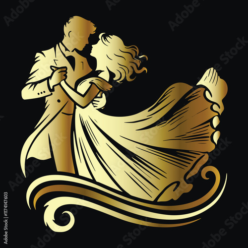 Black and gold beautiful silhouette of a couple dancing. Romantic love couple. Groom and bride. Elegant Man and Woman. Isolated decorative modern luxury golden vector design on black background.