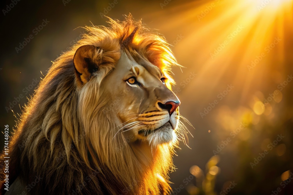 Fototapeta premium Abstract sun lion, minimalist wildlife art. Majestic golden hues, a striking animal portrait.