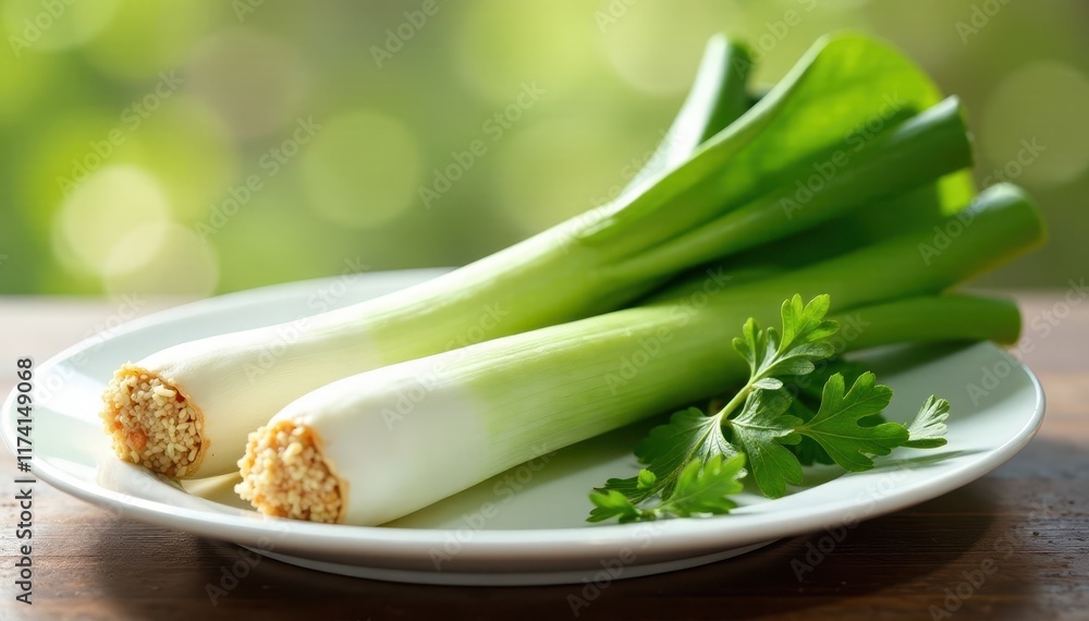 Obraz premium Fresh leek on a white plate with natural light exposure , kitchen, leek, food