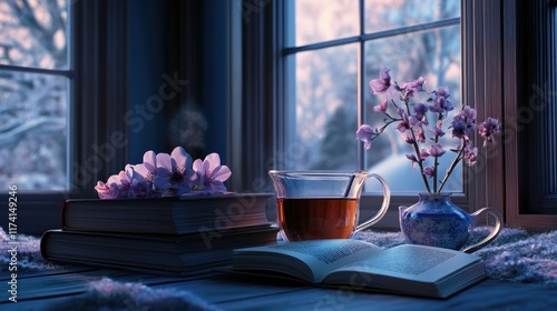 A book lover's corner with a stack of novels, bookmarks, and a warm cup of tea. photo