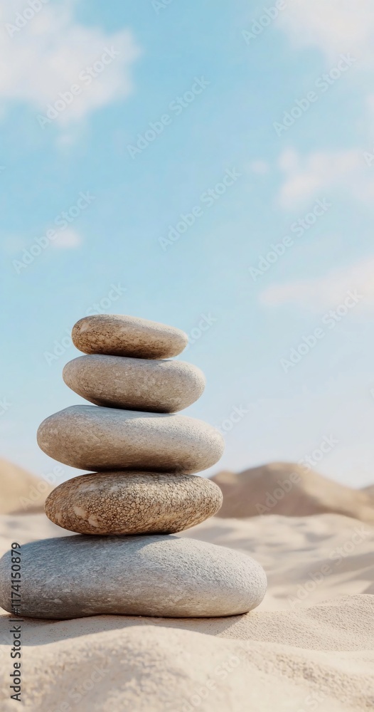Balanced stones, desert, sky, zen, serenity, calm, beach, meditation, background Balanced stones, desert, sky, zen, serenity, calm, beach, meditation, background