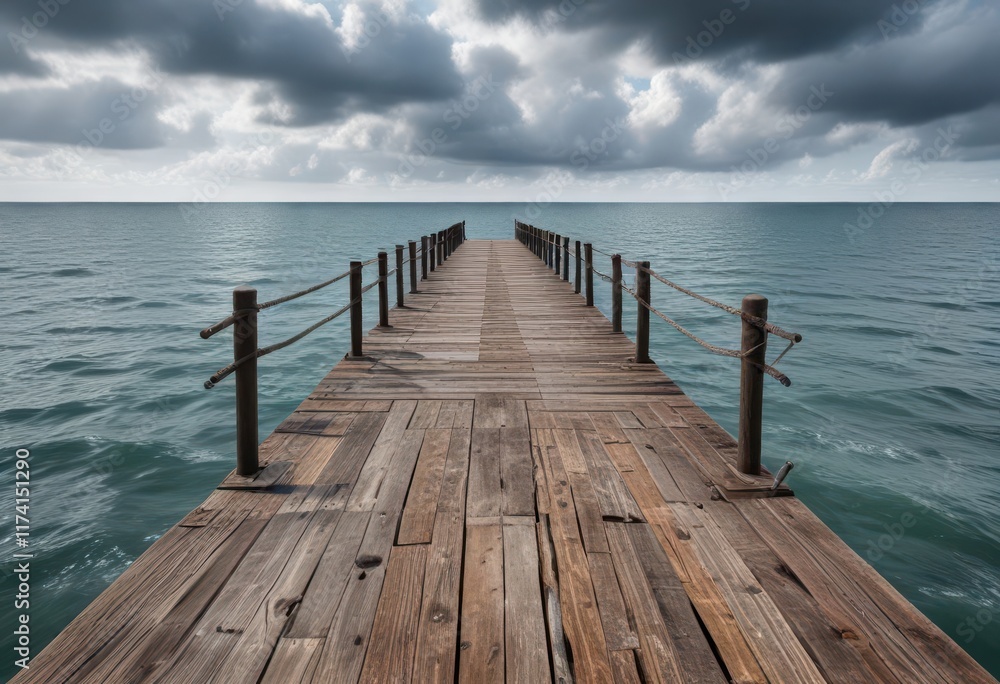 Fototapeta premium Weathered wooden pier stretches into cloudy sea, natural scenery, pier