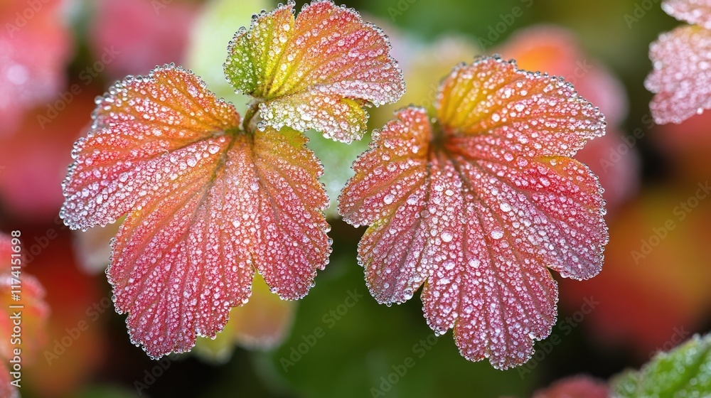 A close-up of tree leaves covered in morning dew in a rural planting site. A close-up of tree leaves covered in morning dew in a rural planting site.