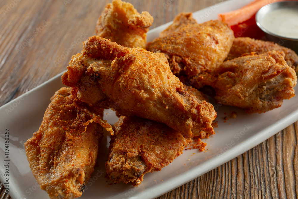 A view of a plate of cajun dry rub hot wings. A view of a plate of cajun dry rub hot wings.