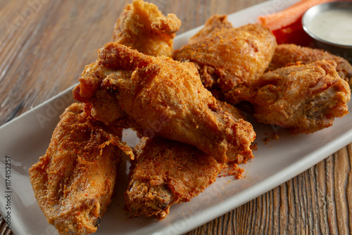 Photos A view of a plate of cajun dry rub hot wings.