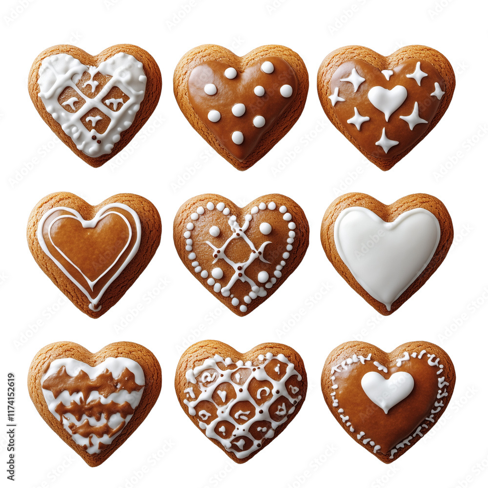 A batch of small heart-shaped Lebkuchen cookies arranged symmetrically each decorated with bright icing details A batch of small heart-shaped Lebkuchen cookies arranged symmetrically each decorated with bright icing details