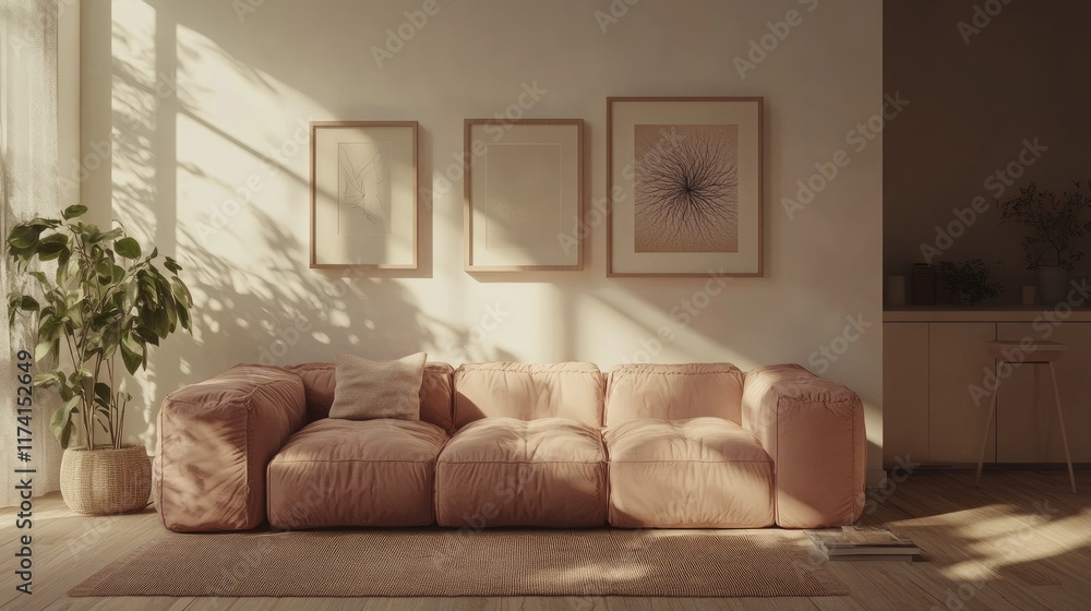 Fototapeta premium A cozy yet modern Zoom room with a pink sofa, neutral decor, and framed generative art.