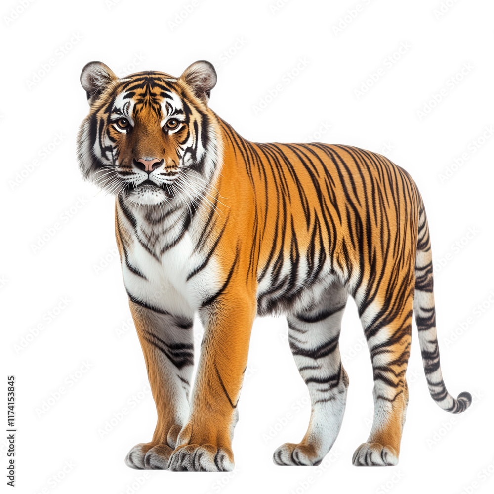 a majestic tiger stands confidently. showcasing its striking orange and black striped fur against a clean white background the beauty and power of this magnificent animal. emphasizing its role in wild a majestic tiger stands confidently. showcasing its striking orange and black striped fur against a clean white background the beauty and power of this magnificent animal. emphasizing its role in wild