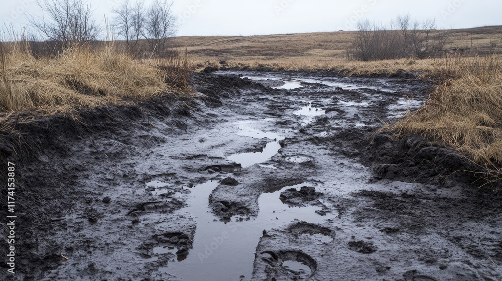A dried-out pond with mud cracks and animal footprints in the soil. A dried-out pond with mud cracks and animal footprints in the soil.