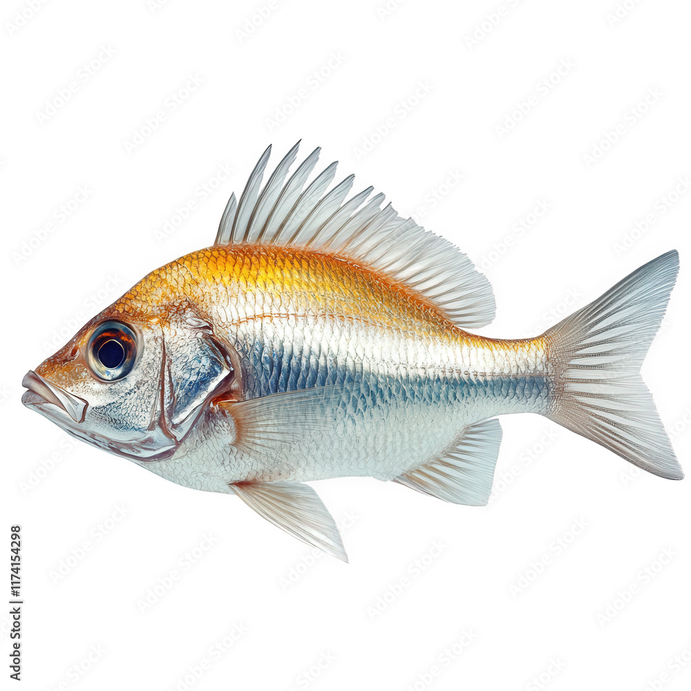 side view of a fish with a shiny silver body and orange accents on its head and fins. showcasing its detailed scales and fins against a plain white background the purpose is likely to highlight the fi side view of a fish with a shiny silver body and orange accents on its head and fins. showcasing its detailed scales and fins against a plain white background the purpose is likely to highlight the fi