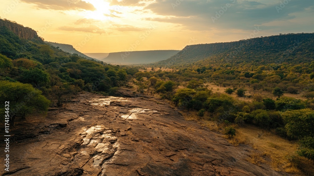 Fototapeta premium A dry riverbed with visible cracks and scattered rocks during the dry season.