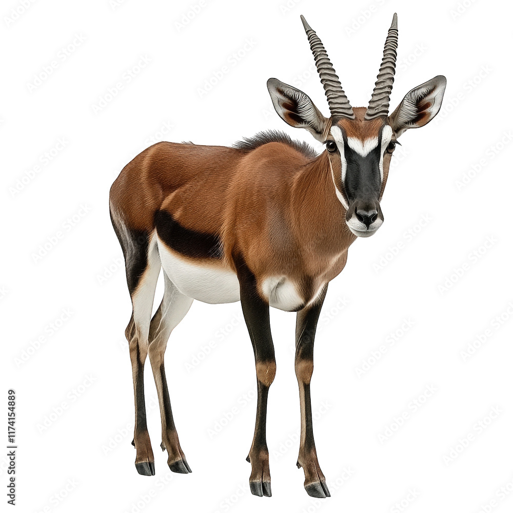 Fototapeta premium a striking antelope with a sleek. slender body and distinctive twisted horns its fur features a mix of brown. white. and black patterns. showcasing its natural beauty and elegance the clean white back
