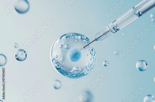 Close-up of an ivf needle glowing blue and filled with liquid, with the needle pulling out one cell from inside it