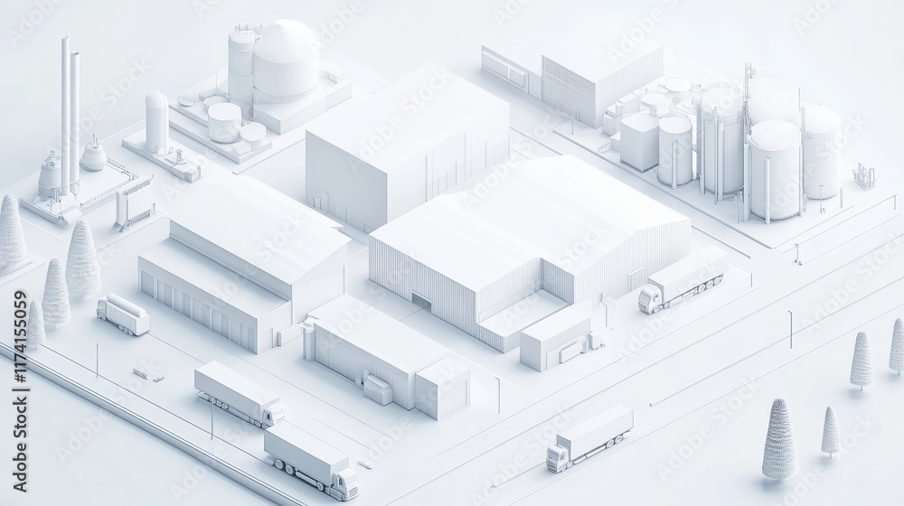 3D rendering of white modern factory area with parked logistics vehicles 3D rendering of white modern factory area with parked logistics vehicles