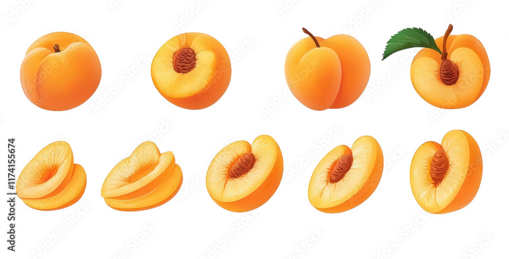 collection of stylized illustrations of peaches. showcasing whole fruits. a peach with a leaf. and sliced sections. highlighting their vibrant orange color and texture the purpose is likely to represe collection of stylized illustrations of peaches. showcasing whole fruits. a peach with a leaf. and sliced sections. highlighting their vibrant orange color and texture the purpose is likely to represe
