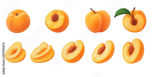 collection of stylized illustrations of peaches. showcasing whole fruits. a peach with a leaf. and sliced sections. highlighting their vibrant orange color and texture the purpose is likely to represe