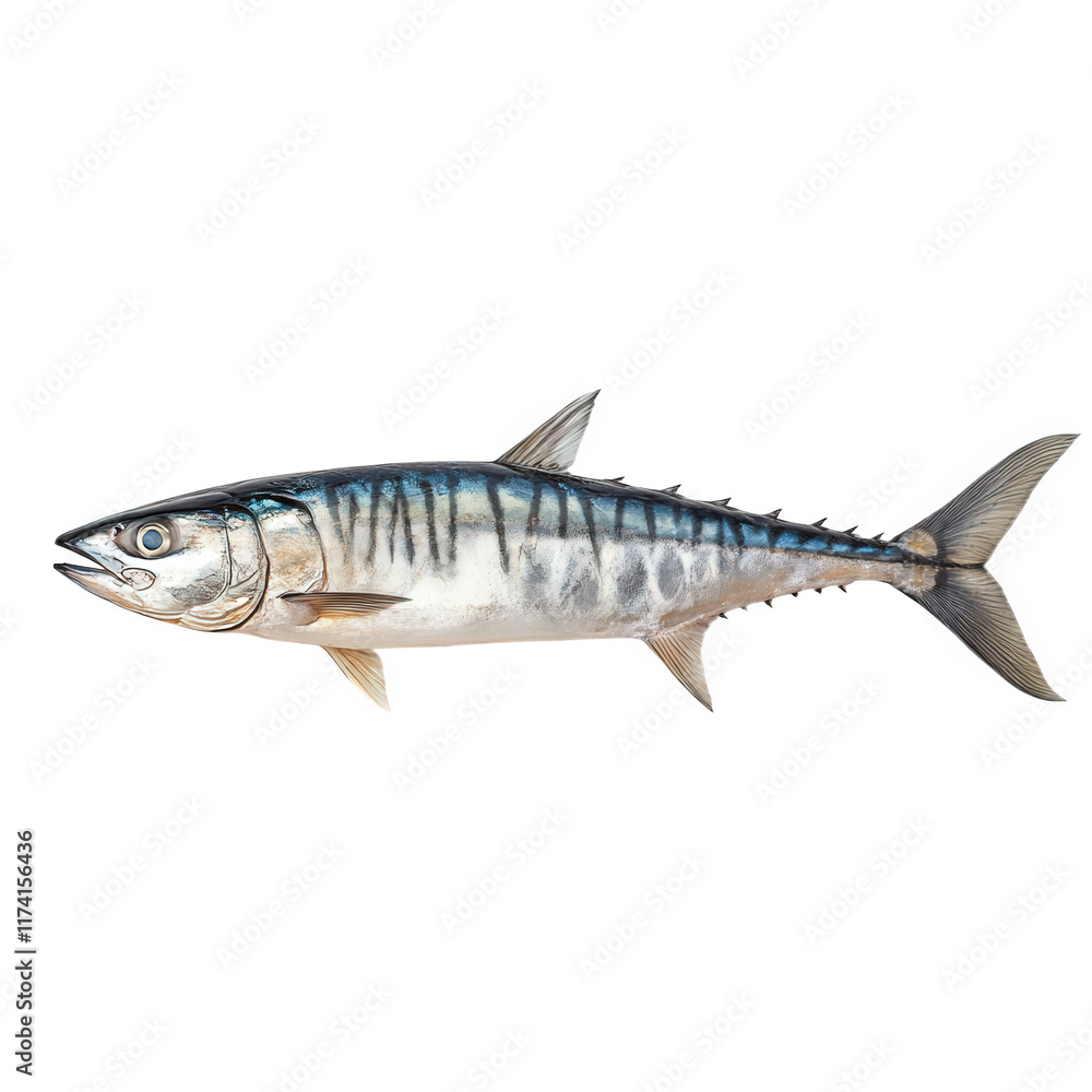 a whole fish. specifically a mackerel. laid flat against a plain white background the fish features a sleek body with distinctive blue-green stripes along its back and a shiny silver belly. showcasing a whole fish. specifically a mackerel. laid flat against a plain white background the fish features a sleek body with distinctive blue-green stripes along its back and a shiny silver belly. showcasing