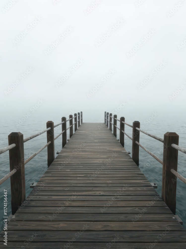 Fototapeta premium Empty wooden pier extending into a cloudy sea, wooden,background,minimal