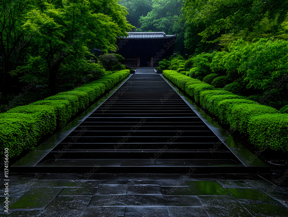 Rainy Day Steps Green Garden Illustration Rainy Day Steps Green Garden Illustration