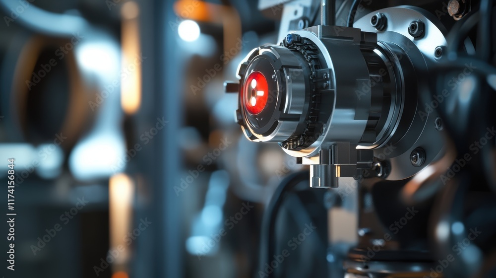 Obraz premium Futuristic industrial robot arm performing complex tasks in a technologically advanced factory setting, featuring a prominent red light indicating operation or status