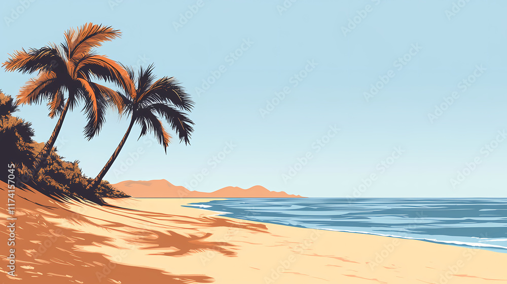 Obraz premium A deserted beach under a clear sky. Flarepath. Illustration