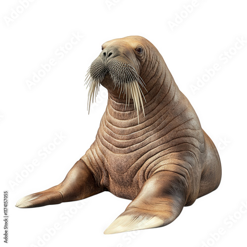 realistic depiction of a walrus sitting upright. showcasing its distinctive whiskers and blubbery body the walrus has a textured skin appearance and is set against a plain white background. emphasizin photo