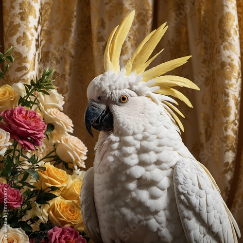 A cockatoo on a golden perch surrounded by luxurious drapes and flowers. photo