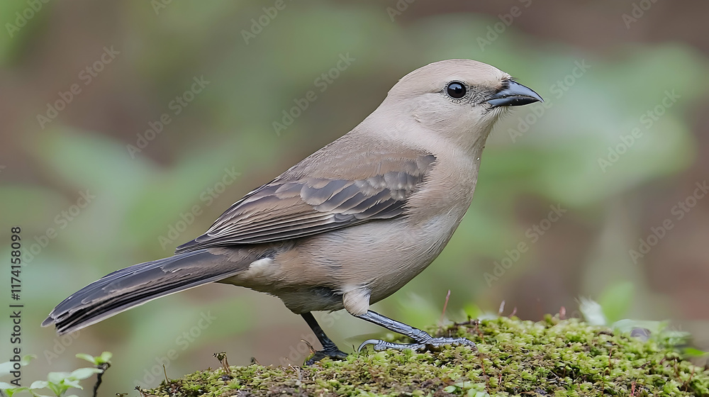 Small bird perched on mossy surface in serene forest setting nature photography Small bird perched on mossy surface in serene forest setting nature photography