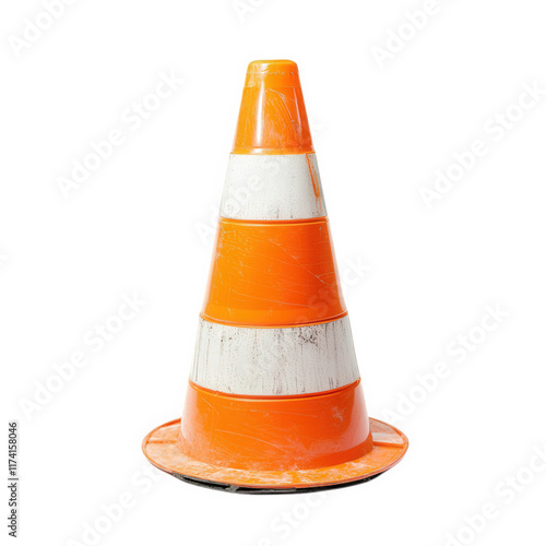 traffic cone. primarily orange with white stripes. commonly used for road safety and traffic management its purpose is to alert drivers and pedestrians about construction. hazards. or detours in roadw photo