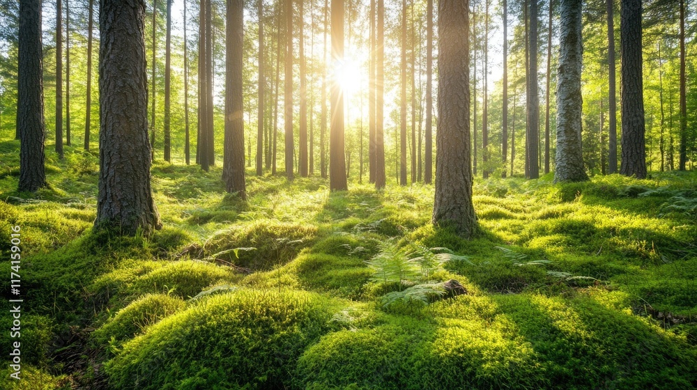 A lush forest floor covered in moss and ferns, with sunlight breaking through the canopy. A lush forest floor covered in moss and ferns, with sunlight breaking through the canopy.