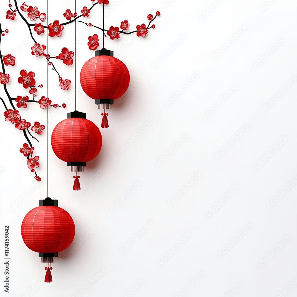 Fototapeta premium Red lantern and cherry blossoms on white background. Asian decoration for celebration Chinese New Year, Lunar New Year, Lantern festival. Template with copy space