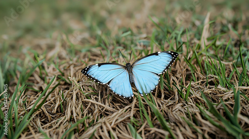 Delicate blue butterfly in nature close-up view vibrant grass environment photo