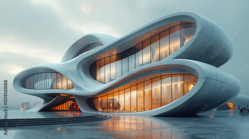 Modern architectural design featuring fluid shapes and large glass windows. Modern architectural design featuring fluid shapes and large glass windows.