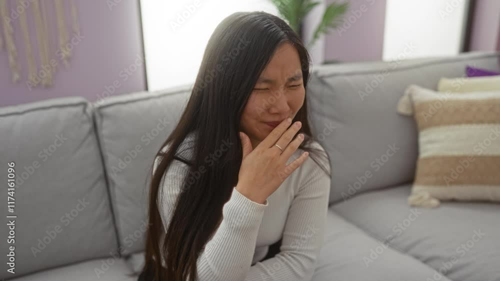 Woman coughing while sitting on a comfortable sofa indoors in a modern apartment with stylish decor and natural lighting, creating a serene and cozy home environment.