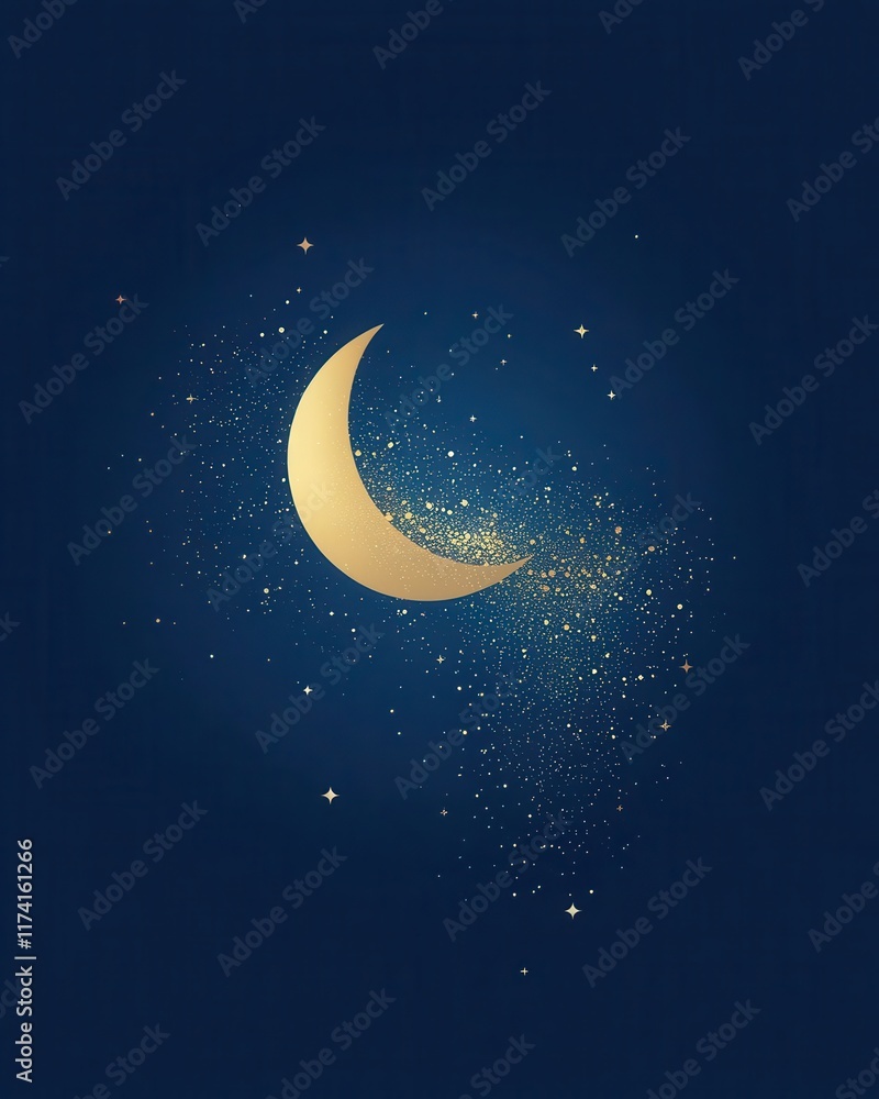 Naklejka premium Golden Crescent Moon And Sparkling Star Dust Night Sky
