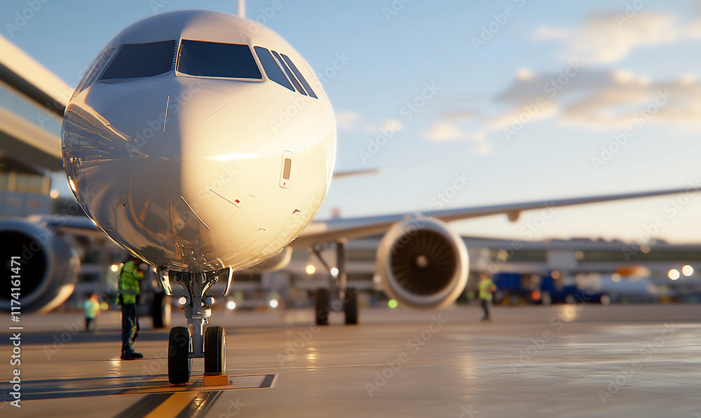 A close-up view of an airplane on an airport runway with staff nearby. A close-up view of an airplane on an airport runway with staff nearby.