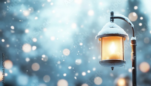 Peaceful winter scene, Snow flurries around a single streetlamp on a quiet urban street photo