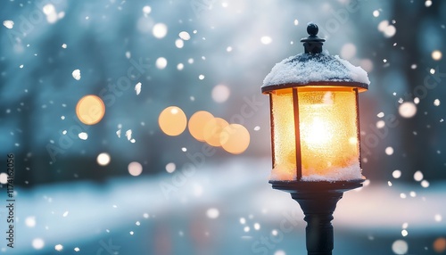 Peaceful winter scene, Snow flurries around a single streetlamp on a quiet urban street photo