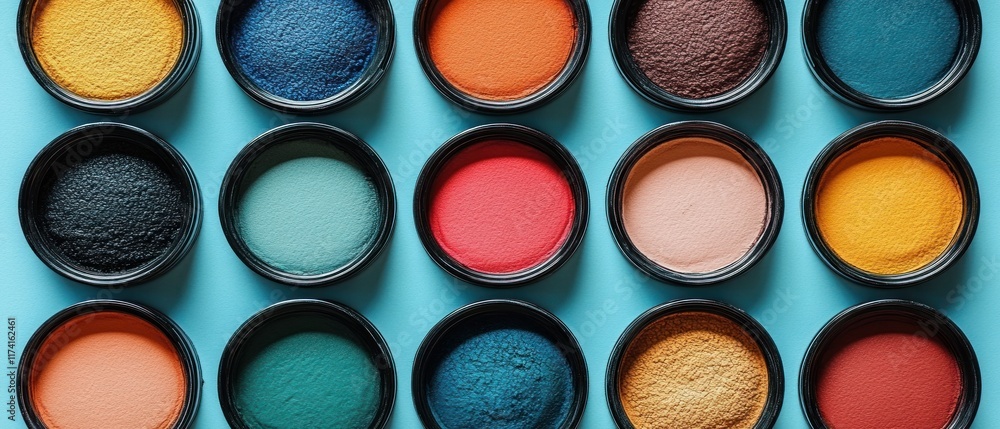 Colorful powders arranged in circular containers on a blue background, ideal for art projects. Colorful powders arranged in circular containers on a blue background, ideal for art projects.