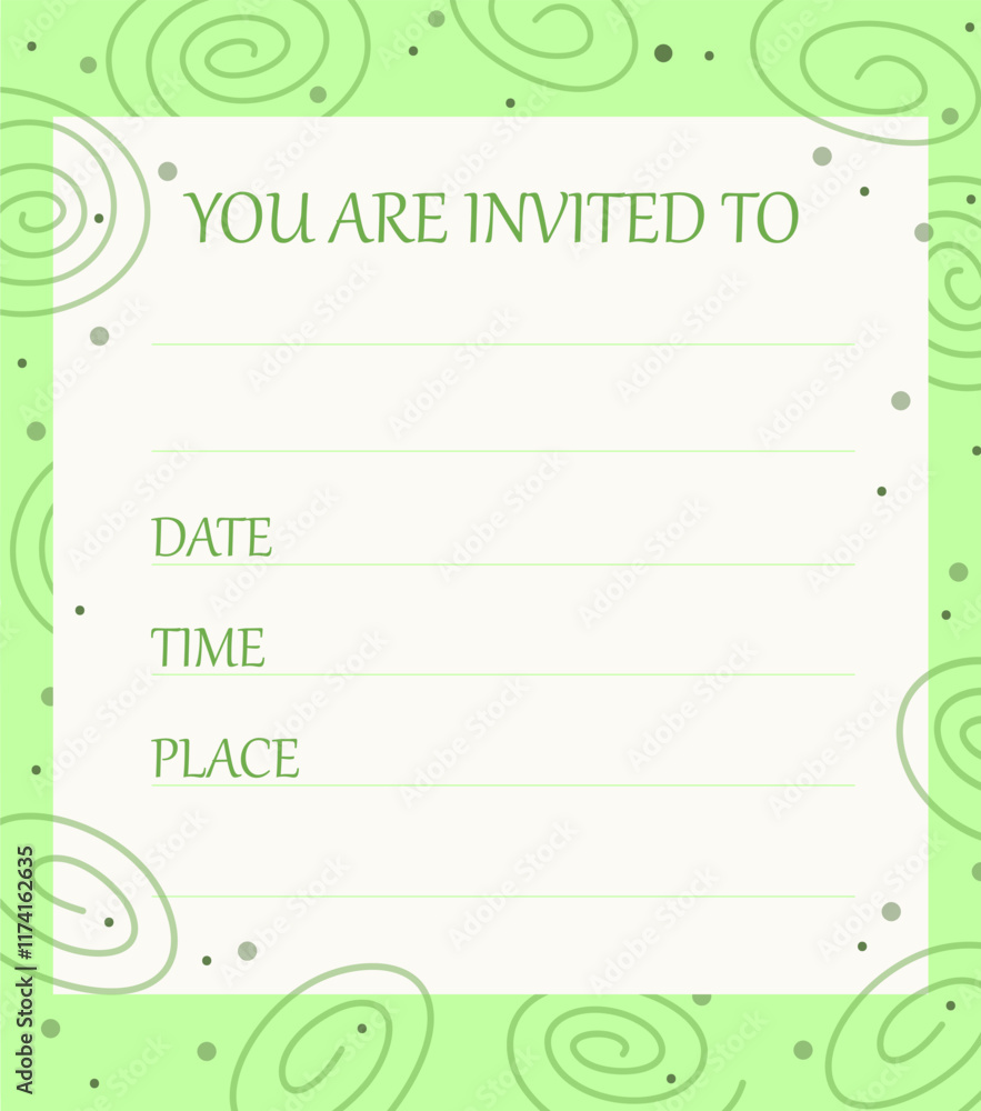 Green template with spirals, dots and copy space. Vector illustration for invitation, poster, print. Green template with spirals, dots and copy space. Vector illustration for invitation, poster, print.