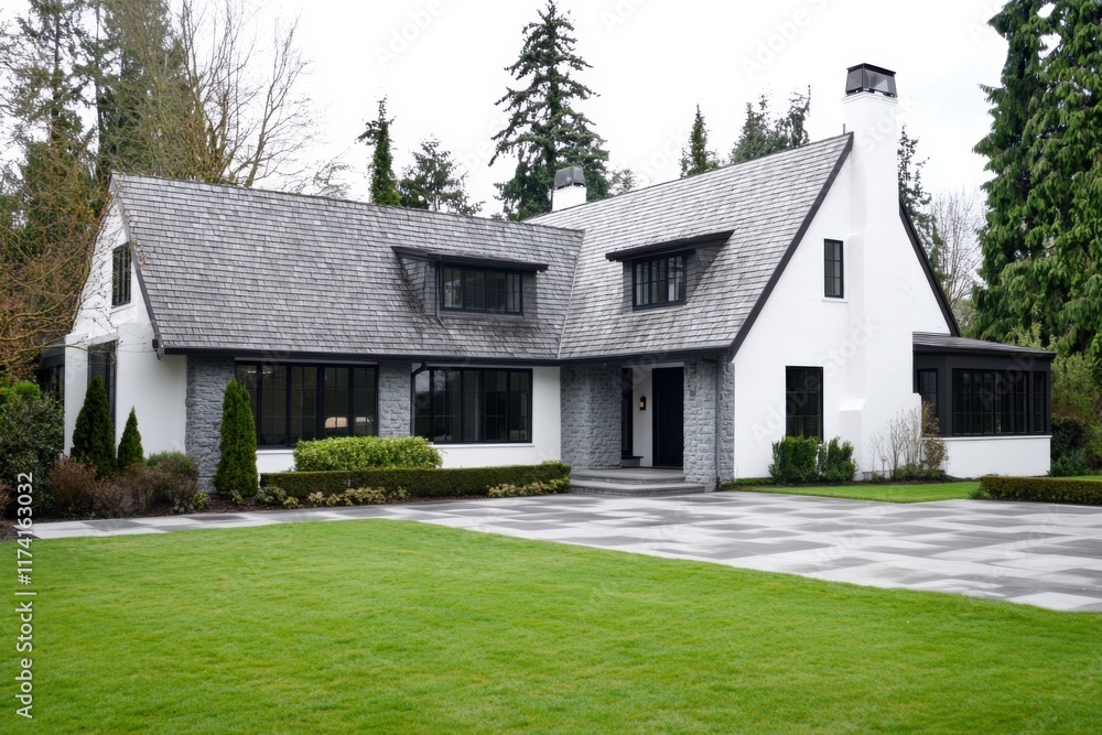 Modern architectural design of a stylish house surrounded by lush greenery in a tranquil neighborhood during a cloudy day Modern architectural design of a stylish house surrounded by lush greenery in a tranquil neighborhood during a cloudy day