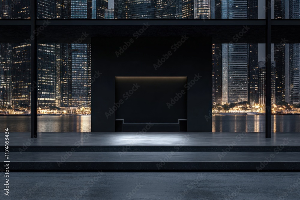 Dark modern room with city night view. Dark modern room with city night view.
