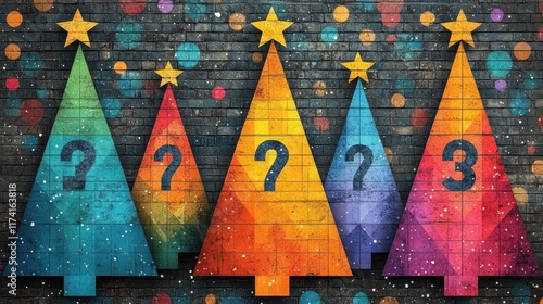 Colorful Christmas trees with stars and question marks, festive and playful design.