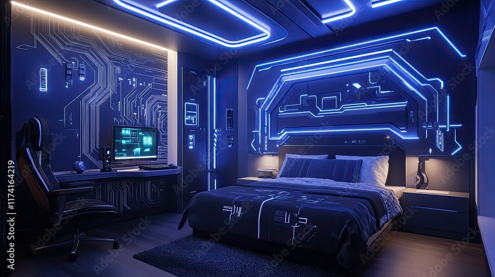 Fototapeta premium Futuristic Bedroom Design: Neon Lights and Circuitry Walls